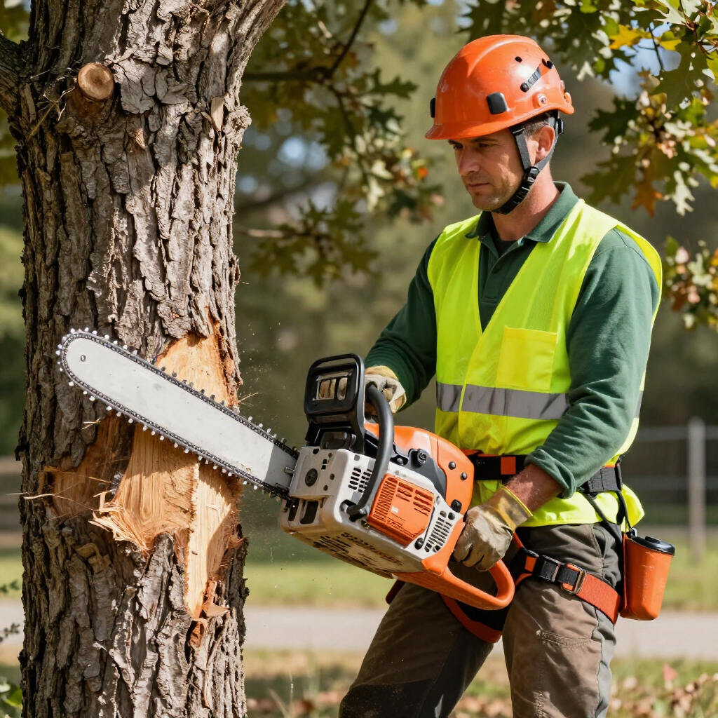 A person in a hard hat and high-visibility vest uses a chainsaw to cut into the trunk of a large tree.