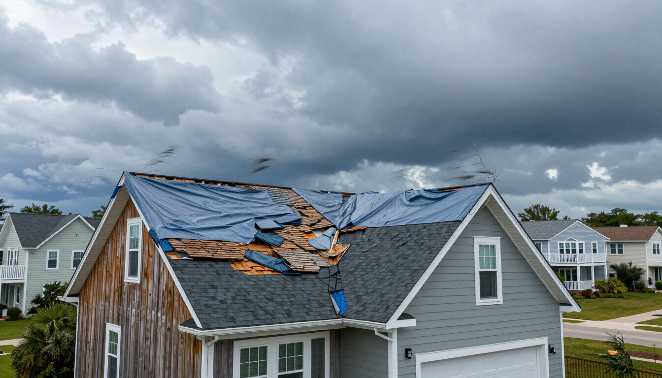 Professional emergency roof repair team securing a storm-damaged roof.