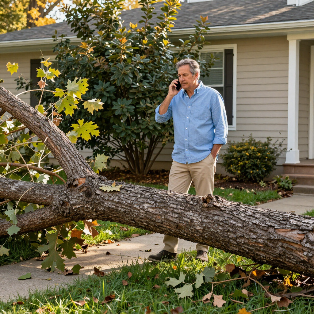 A person in a blue shirt standing on a walkway and talking on a phone, next to a tree that has fallen onto their yard.