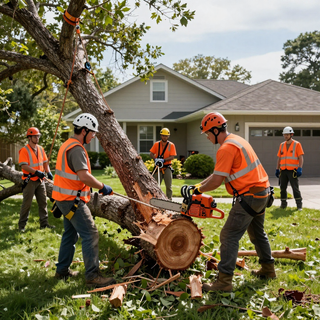A tree service crew wearing orange safety vests and helmets cuts a downed tree in a residential front yard.