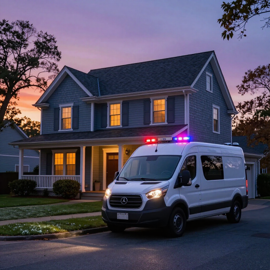 A white emergency van with flashing red and blue lights parked in front of a gray house at dusk.