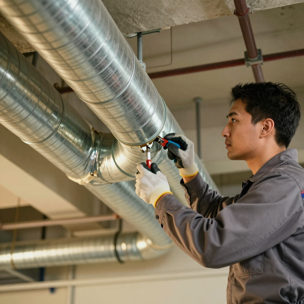 A technician in a grey uniform and gloves works on metallic HVAC ductwork attached to a ceiling with a hand tool.
