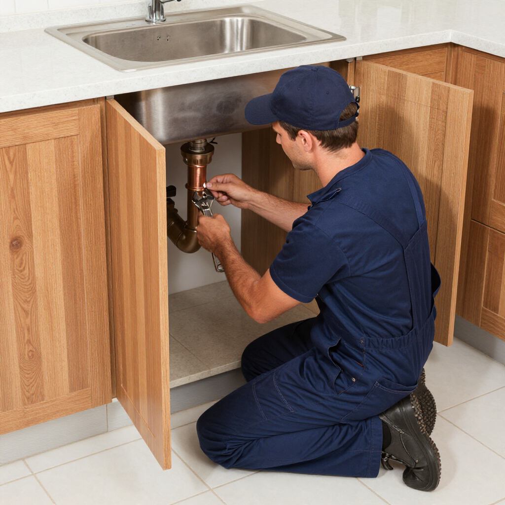 A plumber in a blue uniform kneels under a kitchen sink, using a wrench to tighten a metal pipe connection.