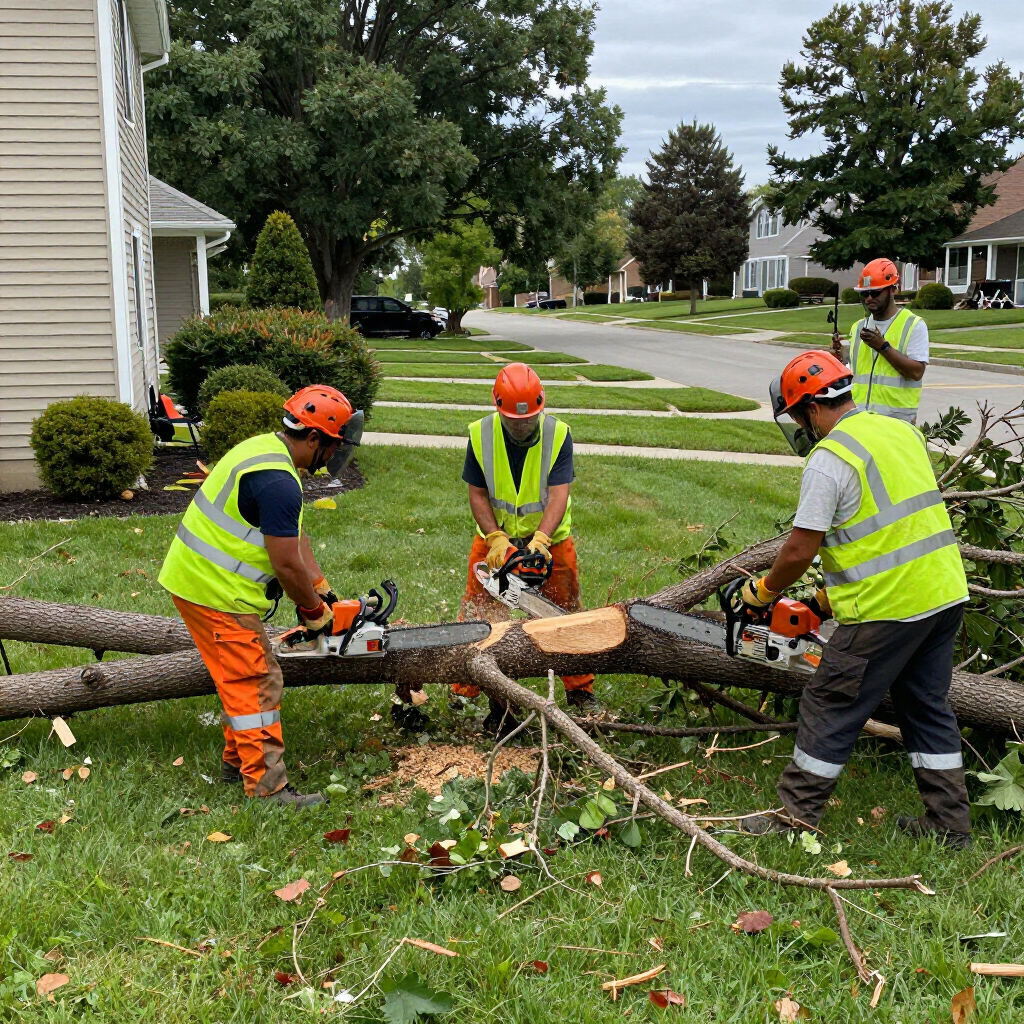 Three workers in high-visibility vests and hard hats use chainsaws to cut a fallen tree on a residential lawn.