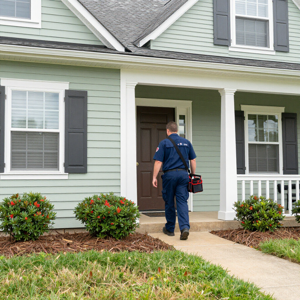 A technician wearing a blue uniform and carrying a tool bag approaches the front door of a light green house.