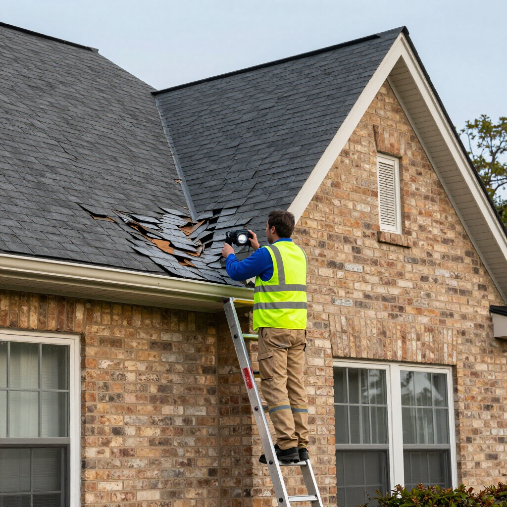 A person in a high-visibility vest stands on a ladder, using a camera to inspect damaged roof shingles on a brick house.
