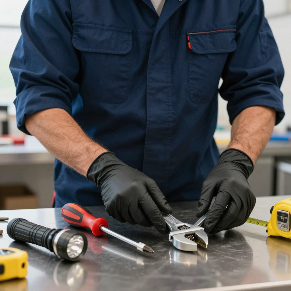 A person wearing black gloves adjusts an adjustable wrench on a metallic workbench with tools nearby.