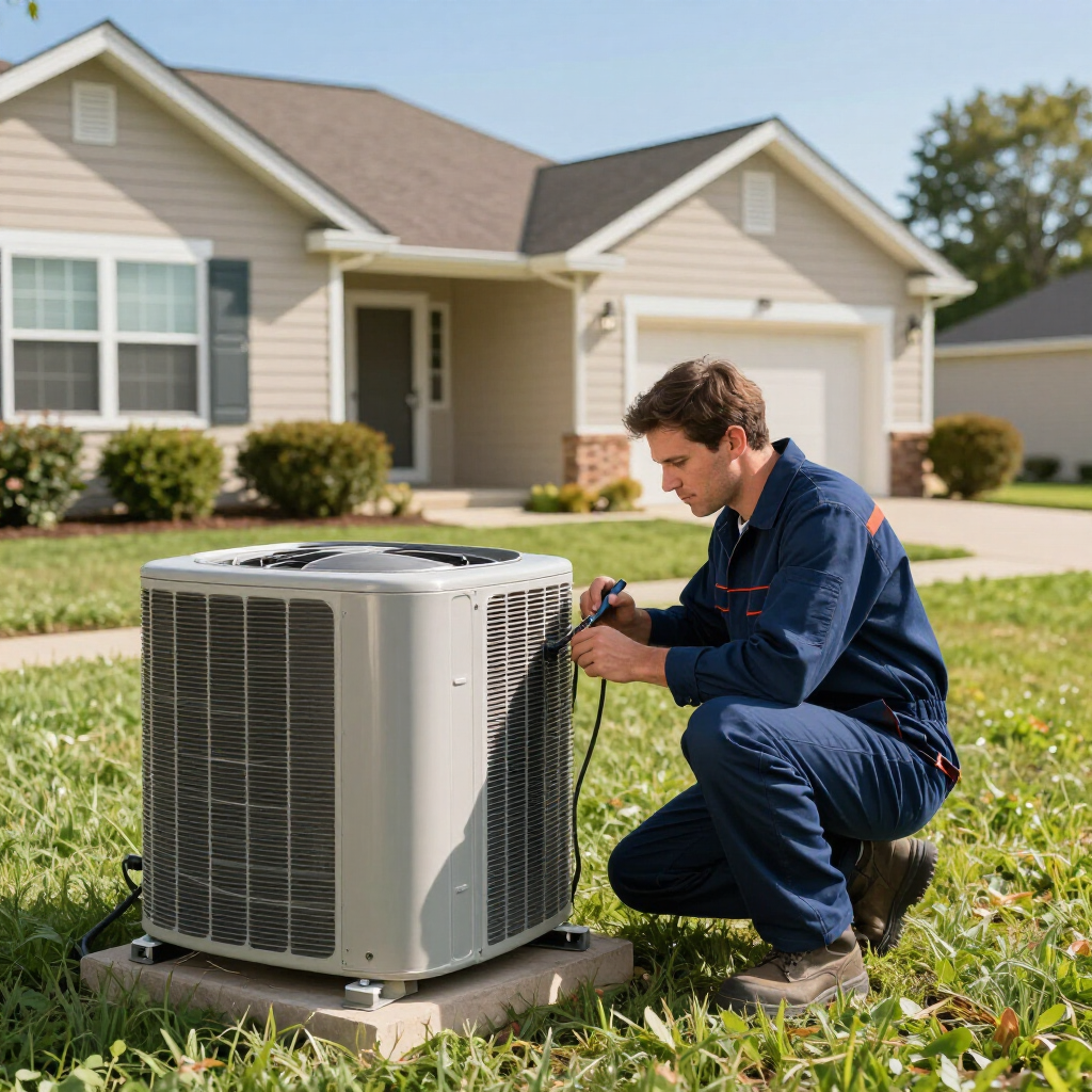 A technician in a blue uniform services an outdoor air conditioning unit in front of a suburban house.