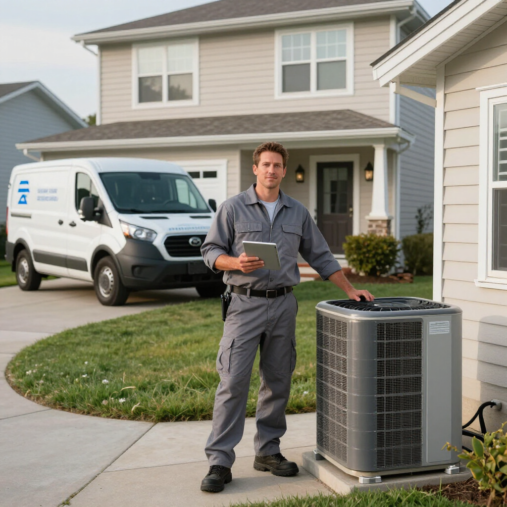 A service technician stands with a tablet next to an outdoor HVAC unit in front of a house and a parked company van.
