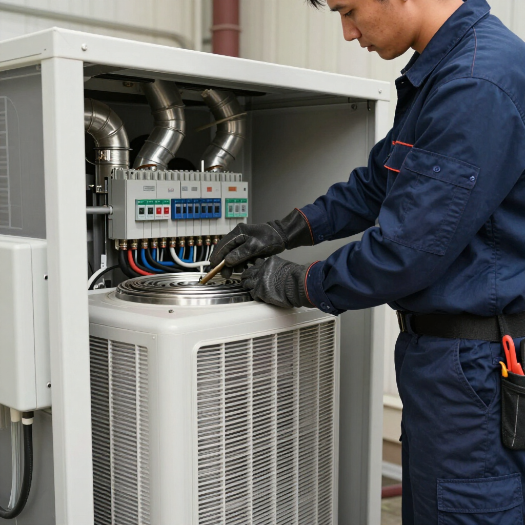A technician in blue workwear wearing gloves repairs an HVAC unit, adjusting internal components with a tool.