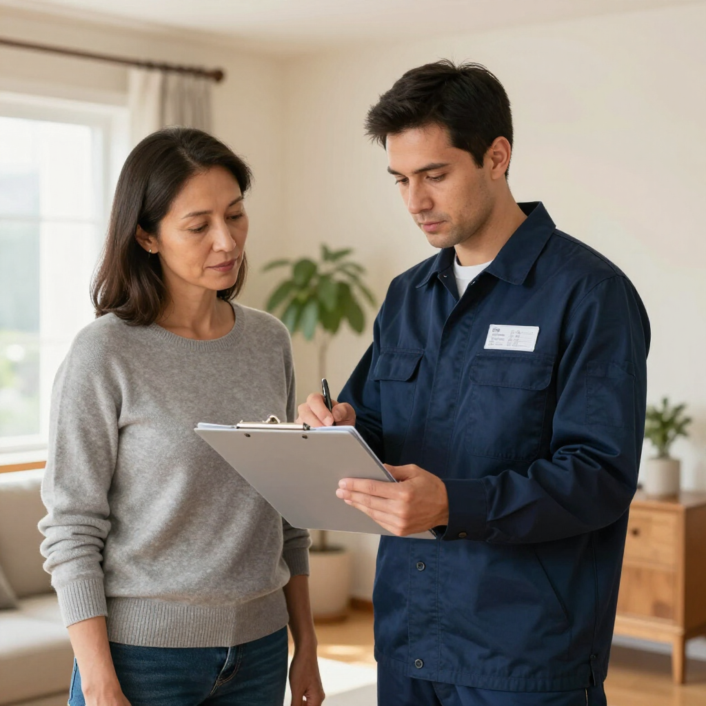 A professional in a uniform writes on a clipboard held by a resident in a bright, modern living room.