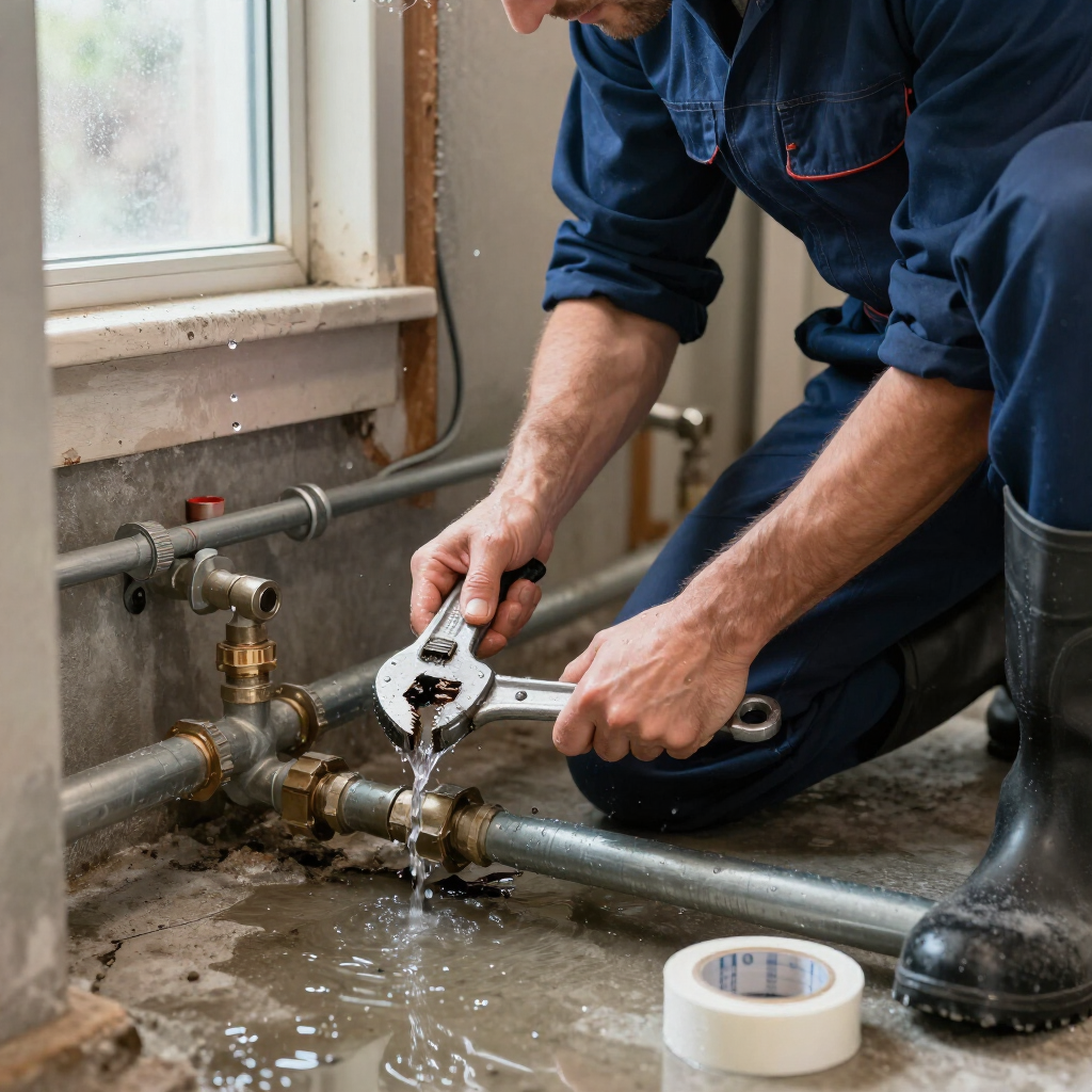 A person in a blue uniform kneels on a concrete floor, using a wrench to repair a leaking pipe joint near a window.