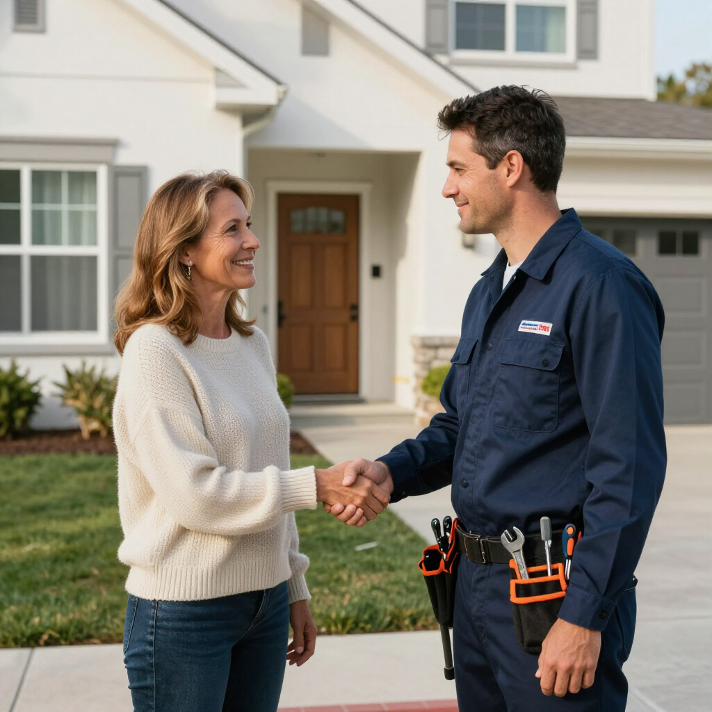 A smiling woman shakes hands with a service professional wearing a tool belt in front of a residential home.
