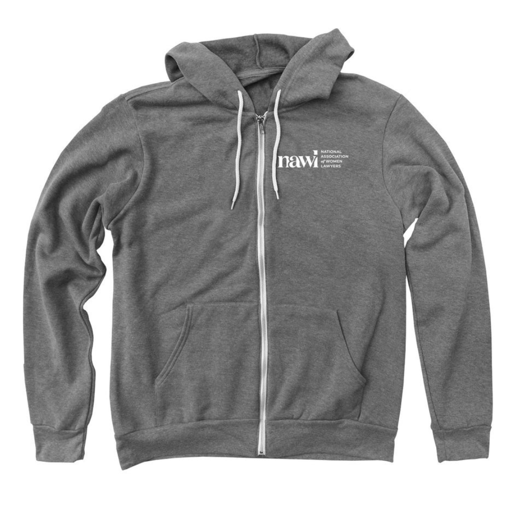 Grey zip-up hoodie with NAWL logo