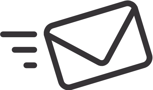 Sending email icon, dark gray envelope with motion lines.