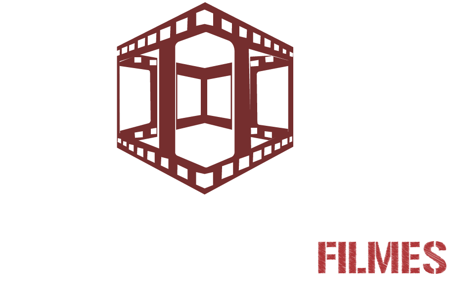 Um logotipo para uma empresa chamada filmes com uma tira de filme em forma de cubo.