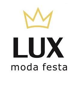 O logotipo da lux moda festa tem uma coroa.