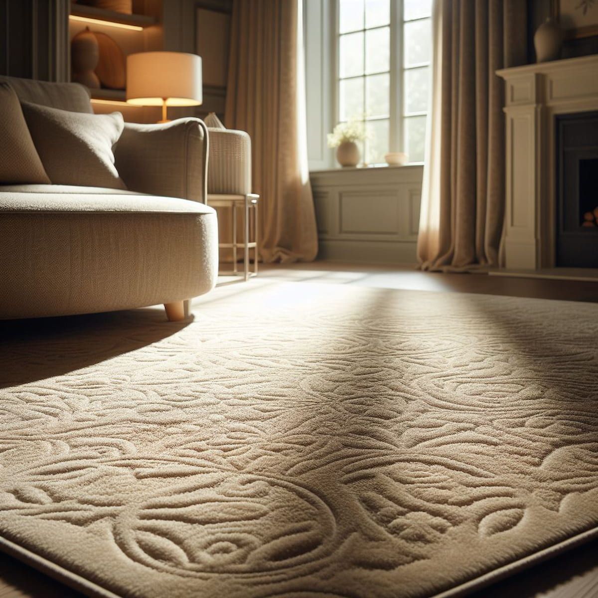 Clean, beautiful area rug in well-lit Boston living room showing proper carpet maintenance
