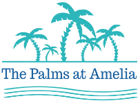 a logo for the palms at amelia with palm trees and waves