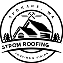 Circular logo for Strom Roofing, Spokane, WA. Includes a house illustration, crossed hammers, and pine tree silhouettes.