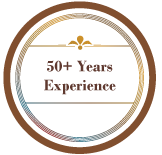 A circle with the words `` 50+ years experience '' written inside of it.