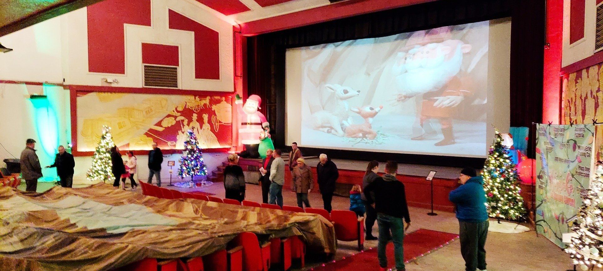 A group of people are standing in front of a large screen in a theater.