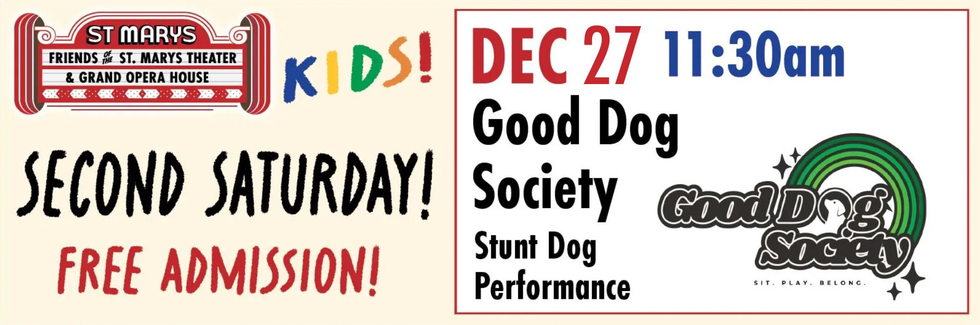 A poster that says `` all events free & fun ! second saturdays are for kids ! ''