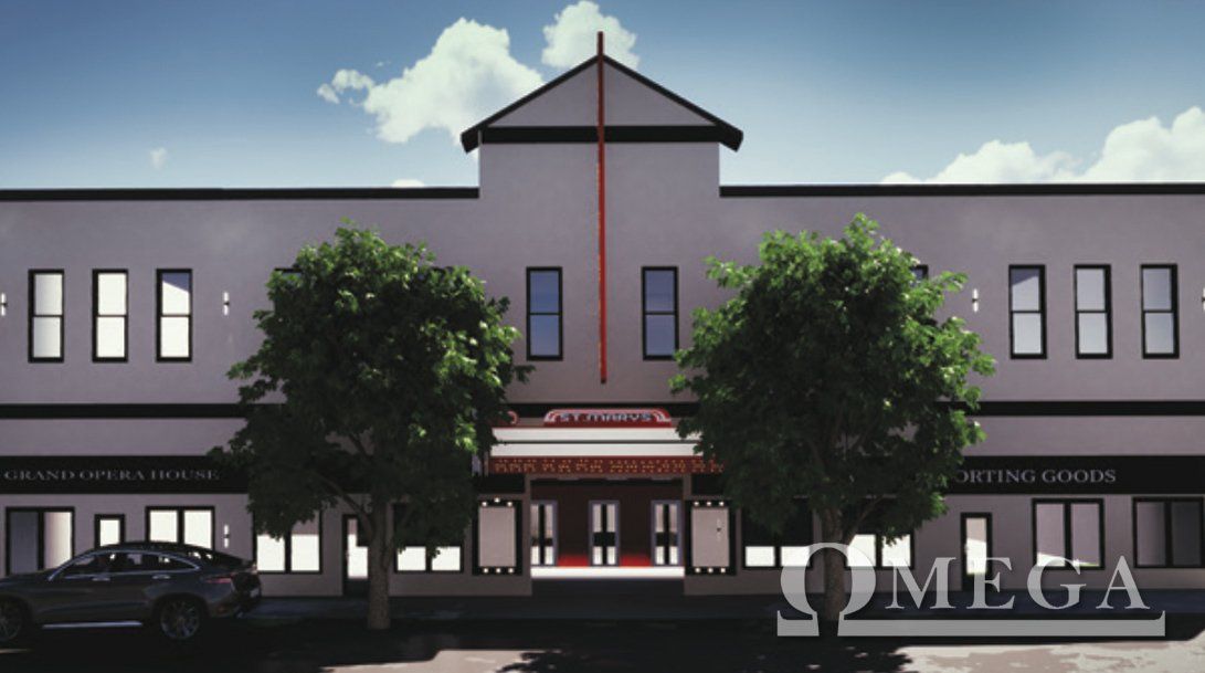 A large building with the word omega on it