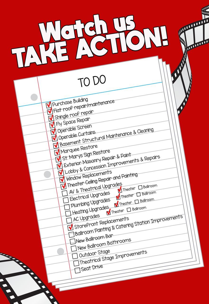 A poster that says watch us take action on it