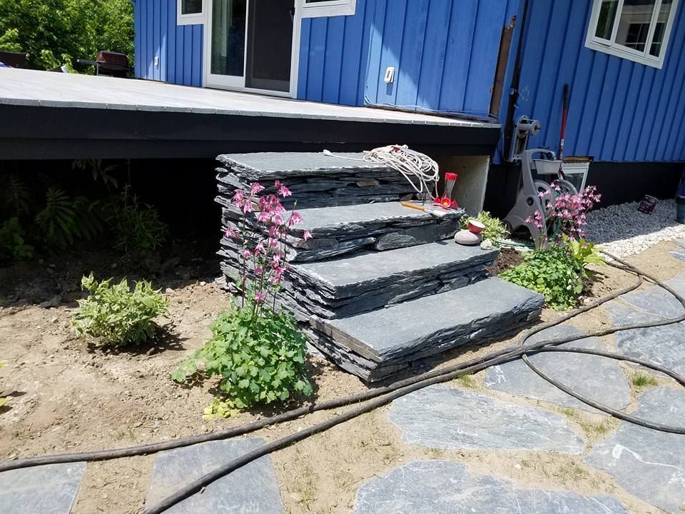 Stone steps leading up to a blue house, surrounded by plants and dirt. A black hose runs along the ground.