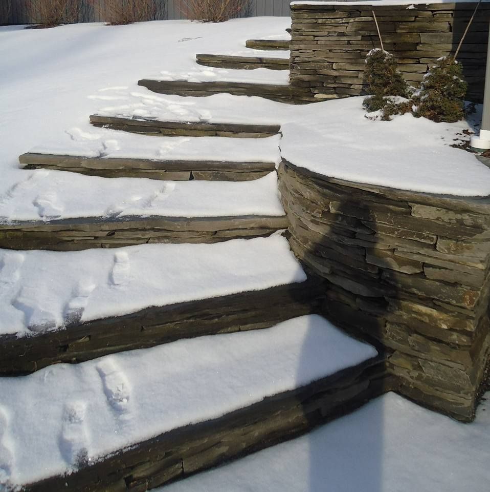 Stone steps covered in snow, with visible footprints.