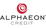 The logo for alphaeon credit is a red circle with a spiral in the middle.