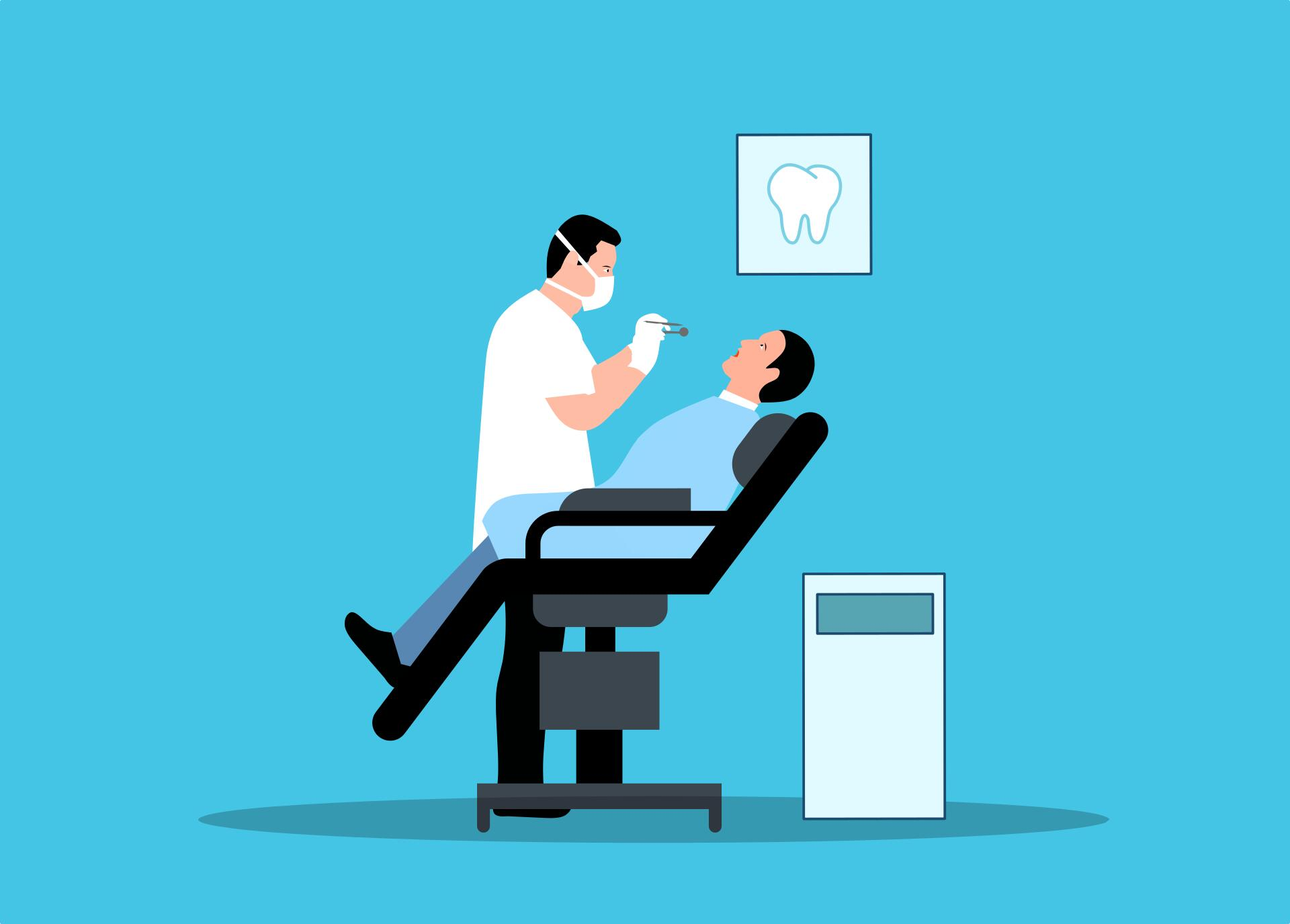 A dentist is examining a patient 's teeth in a dental chair.