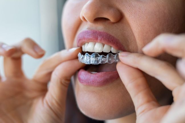 Una mujer se está colocando un aparato transparente en los dientes.