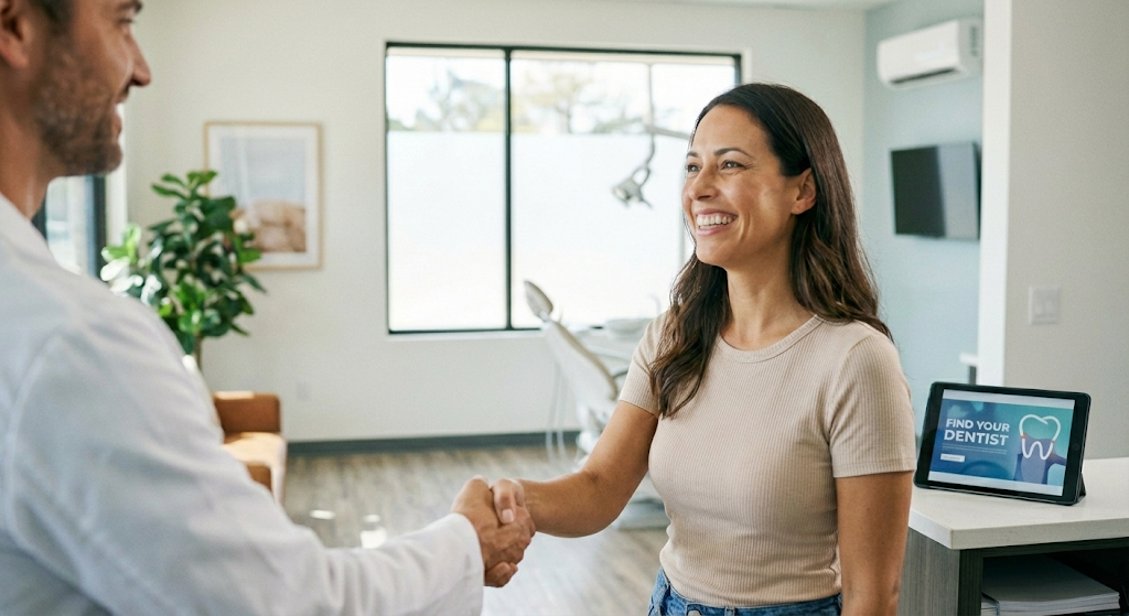 Dentist and patient shaking hands in a bright dental office, smiling.