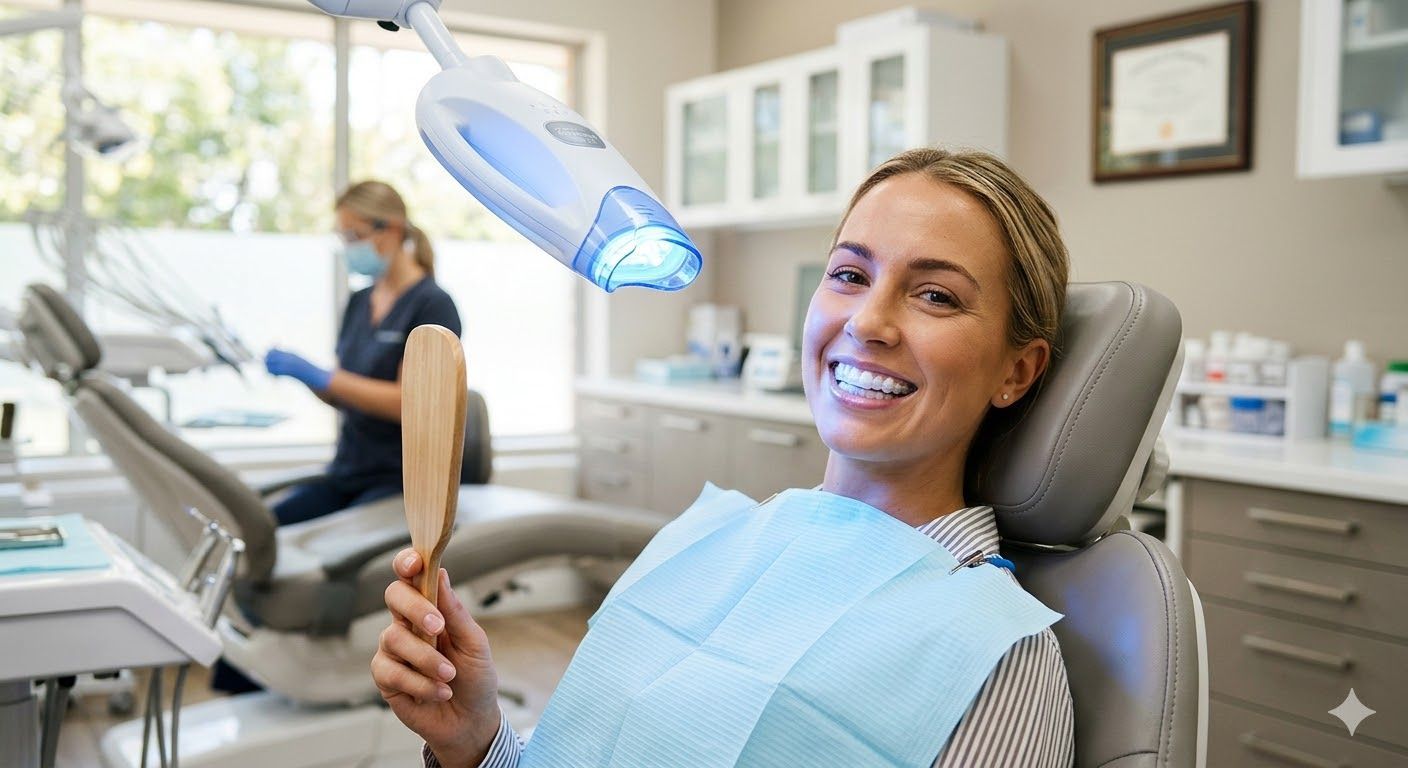 A smiling person in a dental chair holds a mirror after a teeth whitening treatment, with a dental professional nearby.