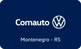 Logotipo da Comauto Volkswagen com o texto "Montenegro - RS" sobre fundo azul-marinho.
