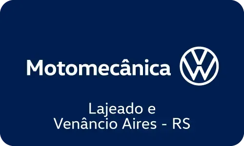 Motomecânica Volkswagen logo with text "Lajeado e Venâncio Aires - RS" on a dark blue background.
