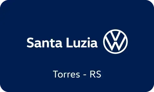 Logotipo da concessionária Santa Luzia Volkswagen, Torres, RS. Fundo azul escuro, texto e logotipo em branco.