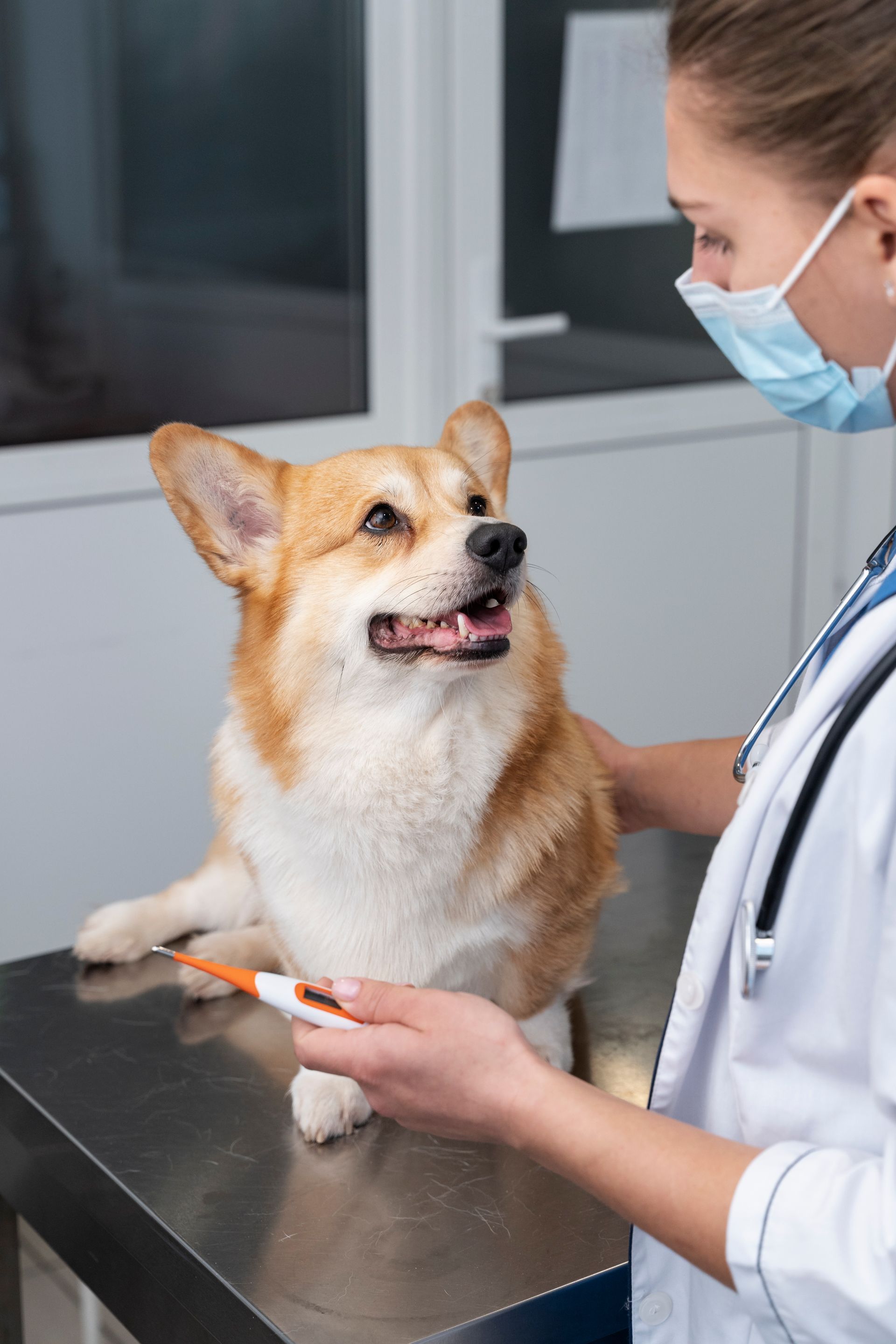 Veterinarian taking a corgi's temperature in an exam room.