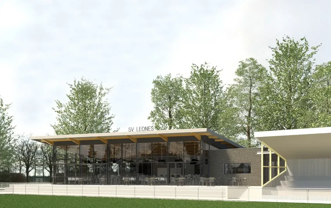 Een groot gebouw met veel ramen is omgeven door bomen. Door Willems Boven-Leeuwen.