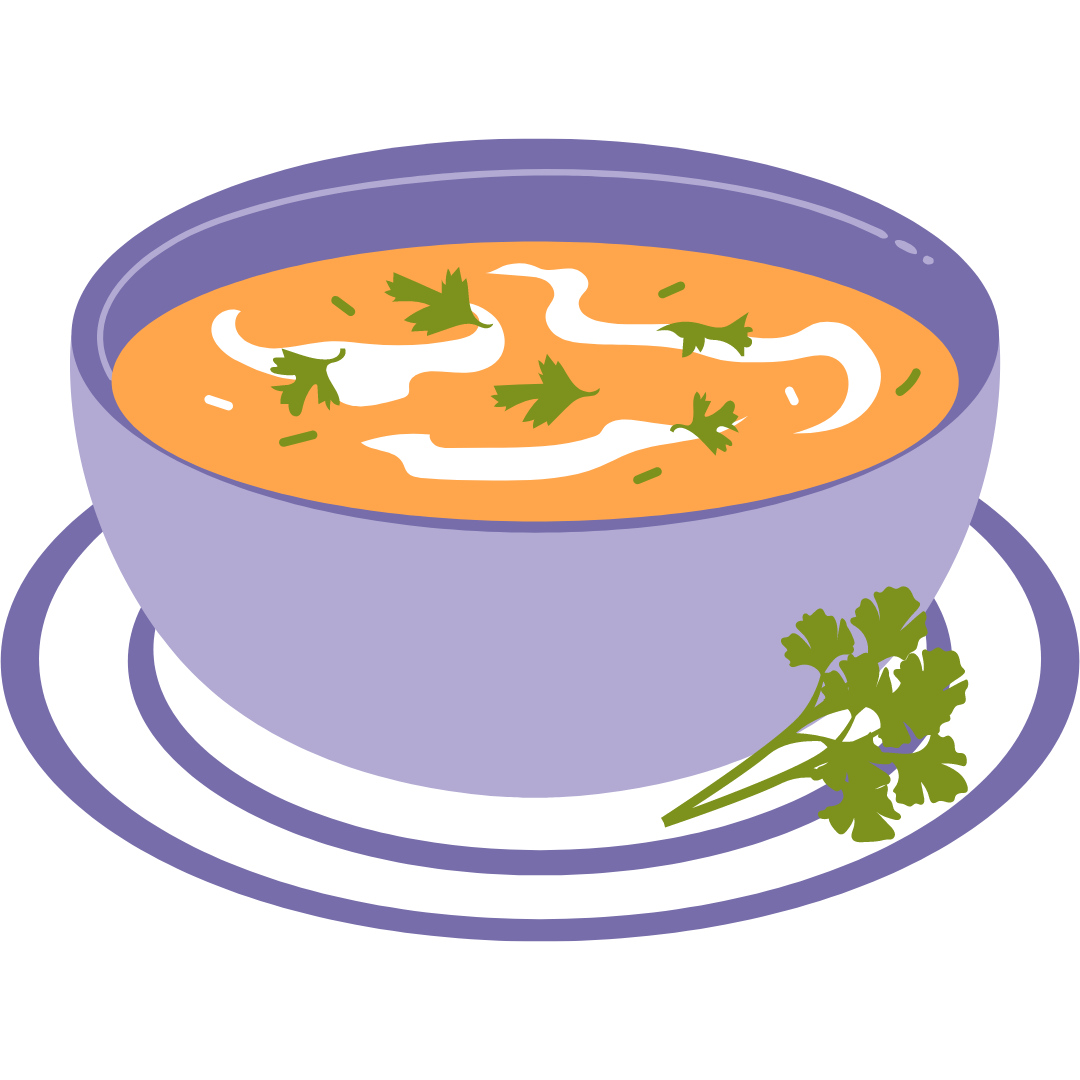Een kom soep met room en peterselie op een bord.