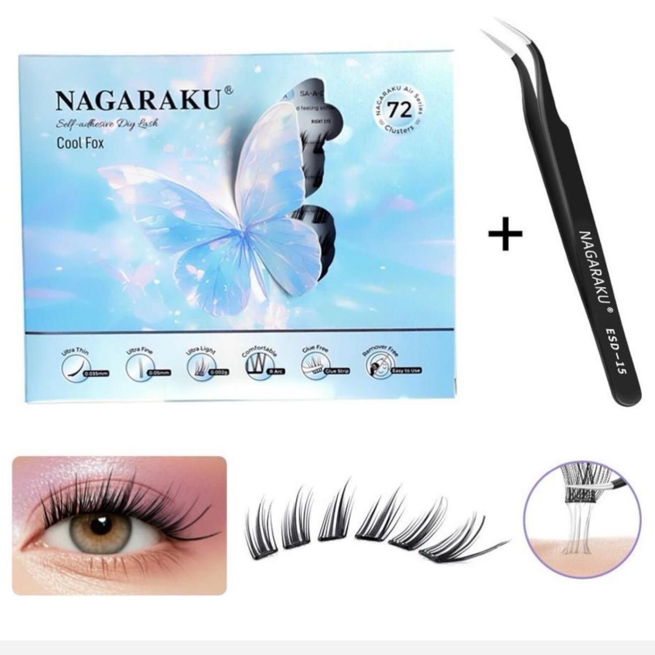 Caja de pestañas individuales NAGARAKU, pinzas, un ojo con pestañas aplicadas y grupos de pestañas.