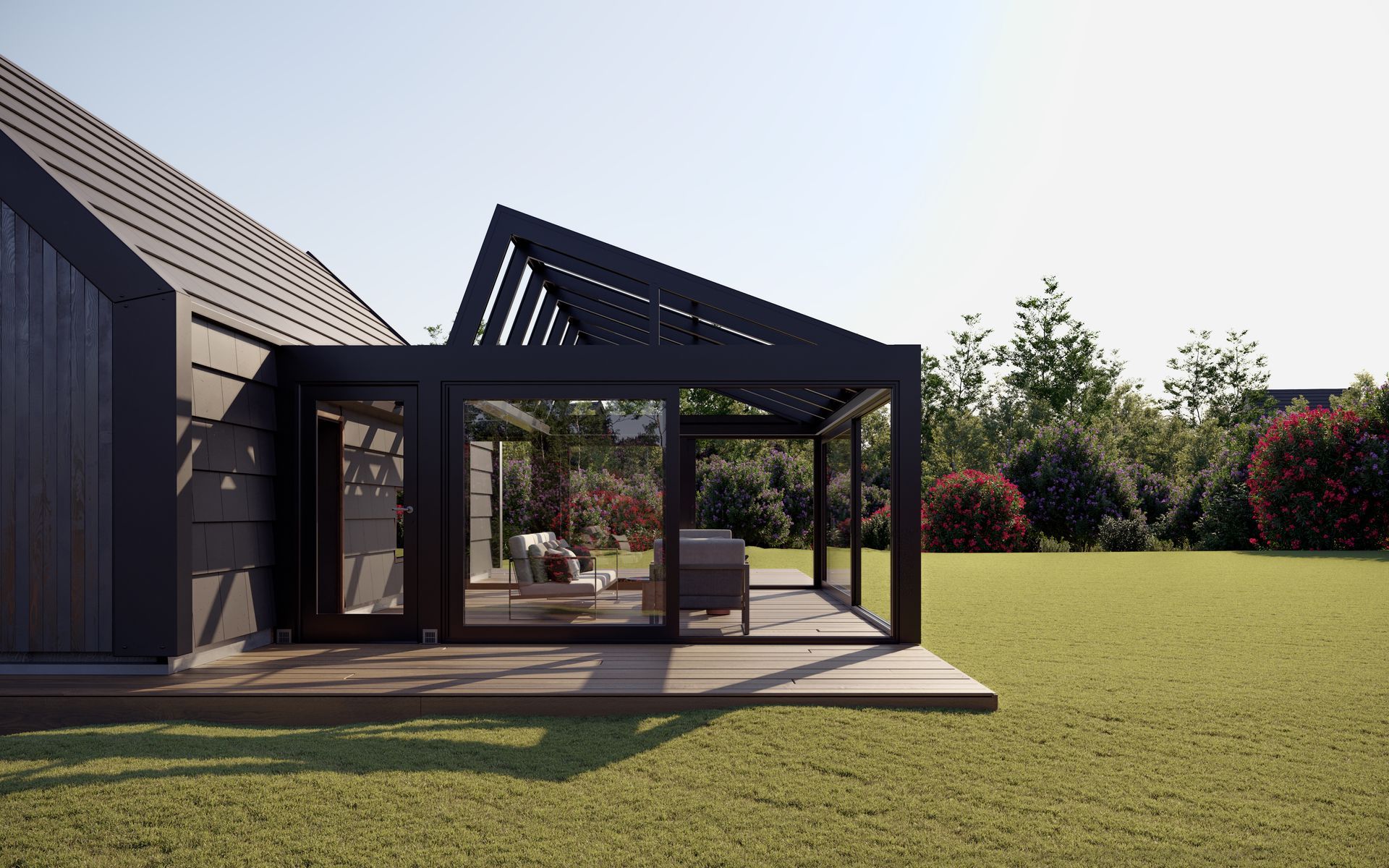 A 3d rendering of a modern house - Freehold, NJ - Awning Design Inc