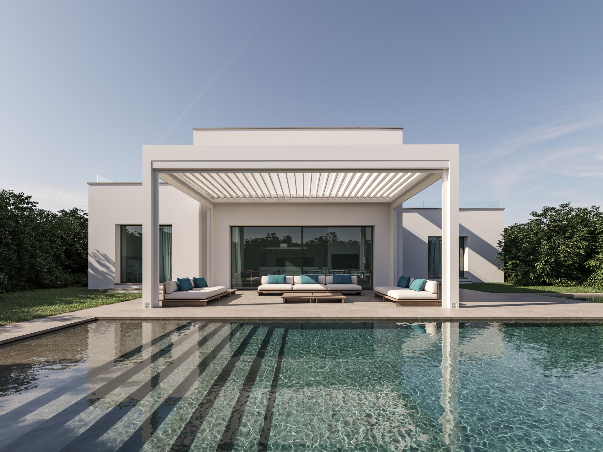 A white house with a swimming pool in front of it three - Freehold, NJ - Awning Design Inc
