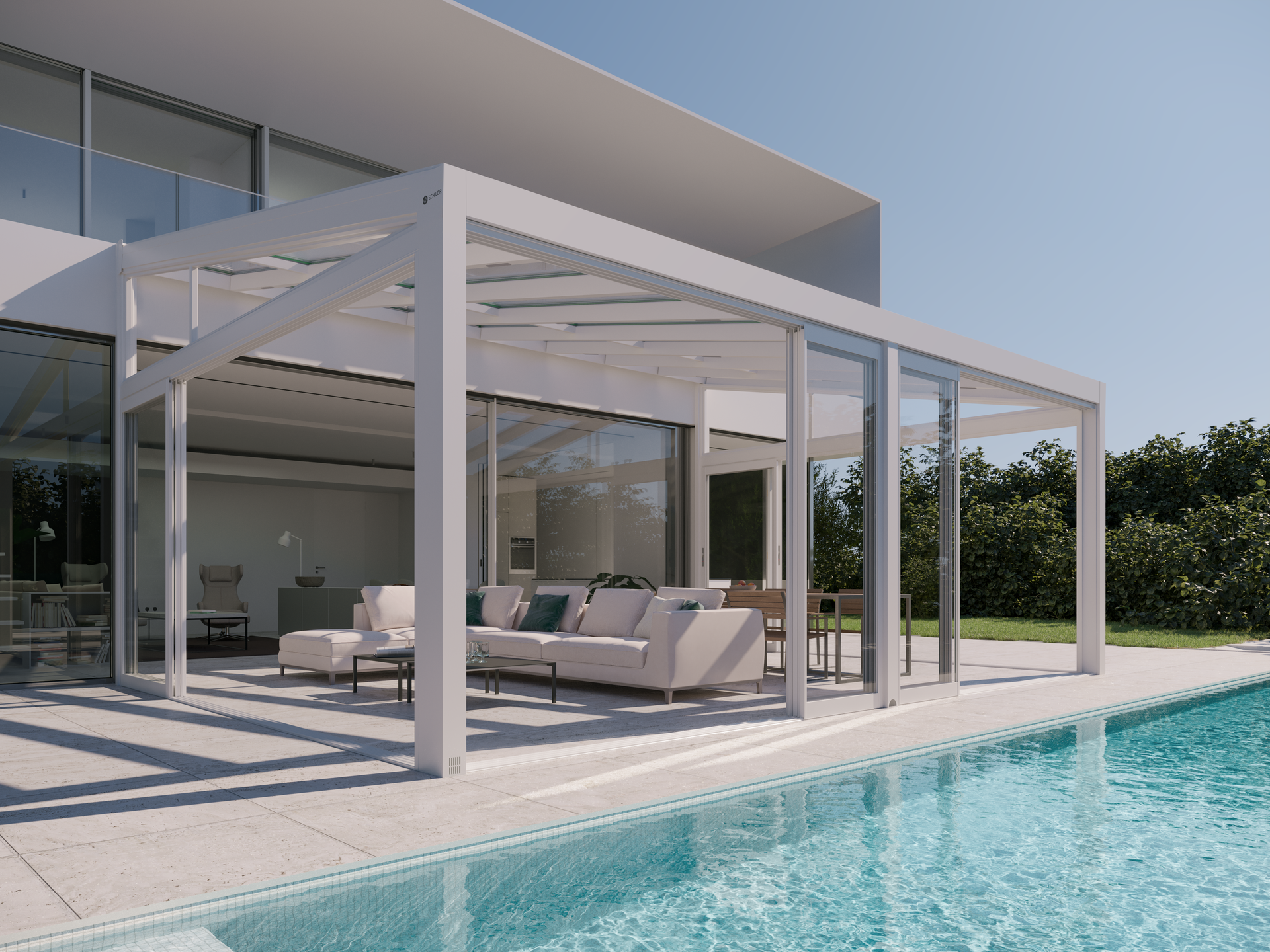 A white house with a pergola over a swimming pool - Freehold, NJ - Awning Design Inc