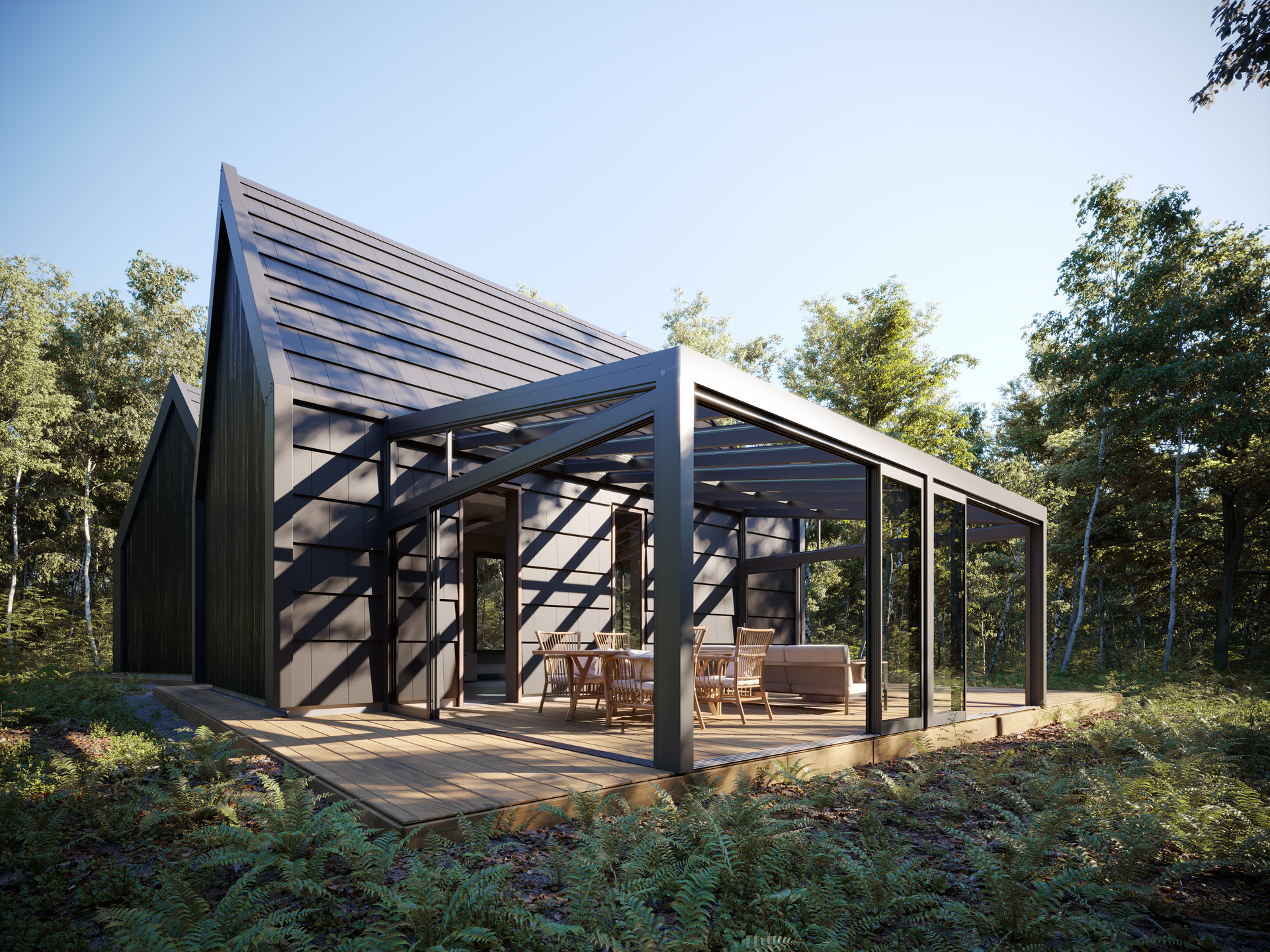 A black house with a pergola in the middle of a forest - Freehold, NJ - Awning Design Inc