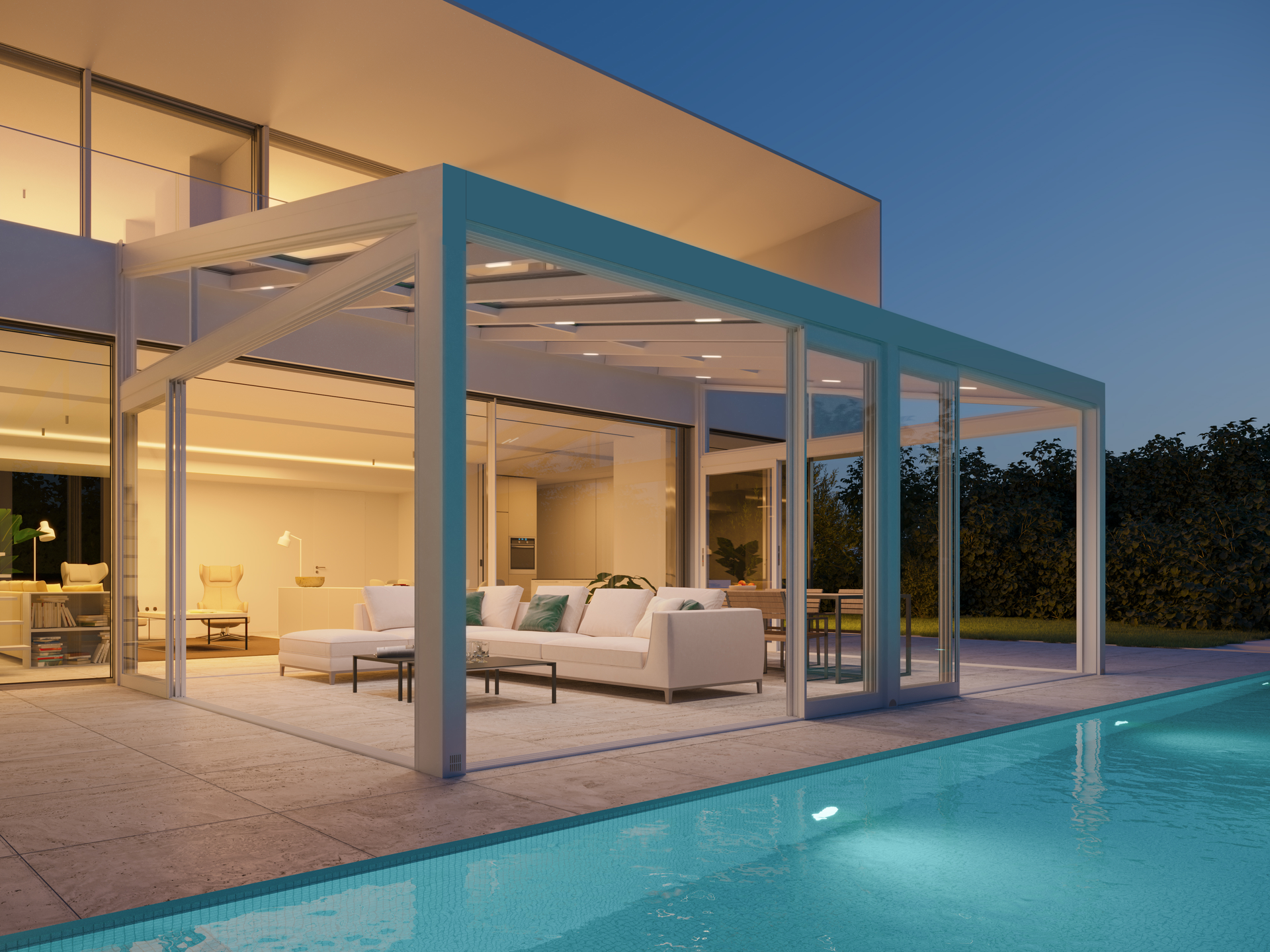 A modern house with a swimming pool and a pergola - Freehold, NJ - Awning Design Inc