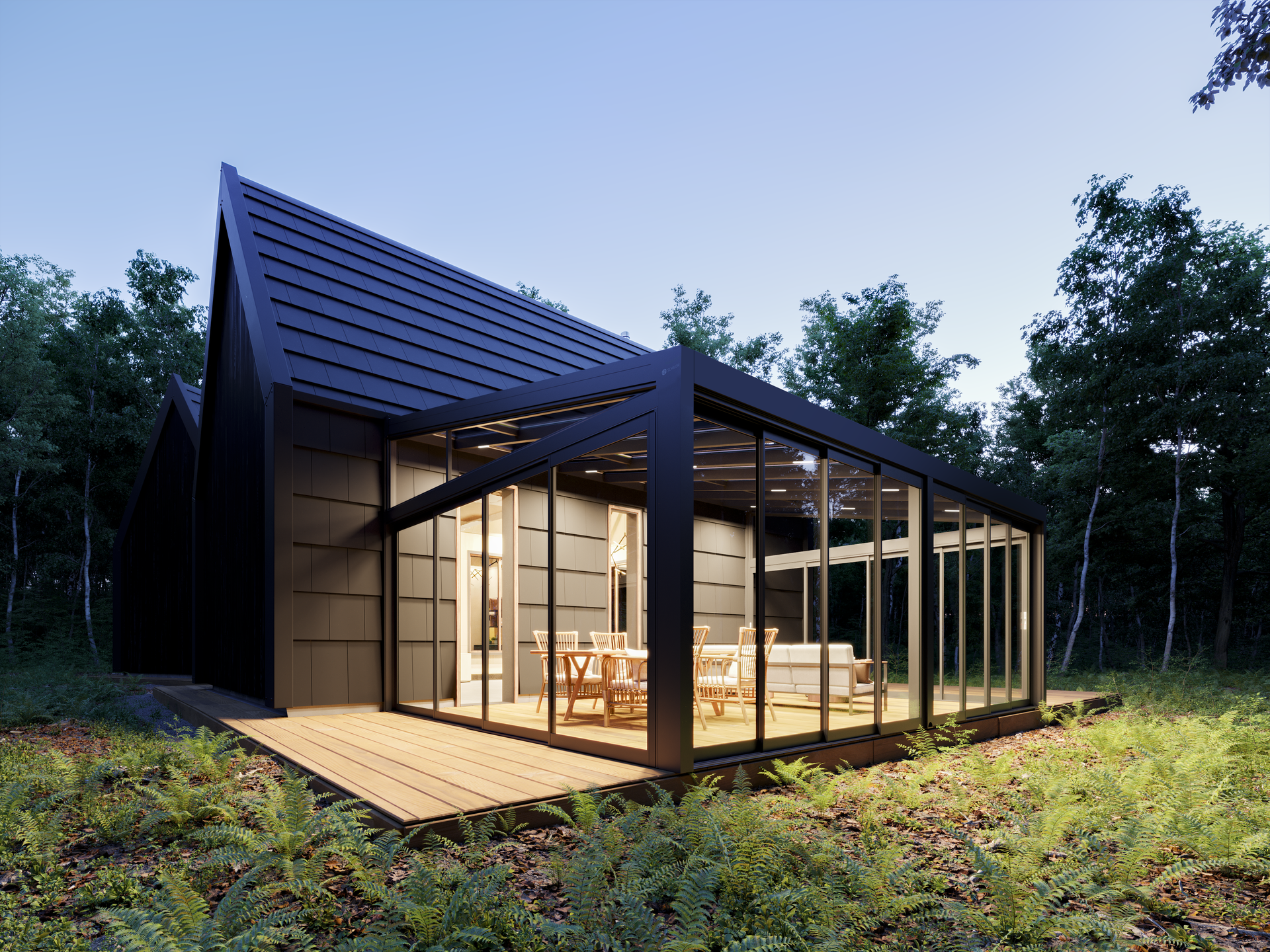 A black house with a lot of windows is in the middle of a forest - Freehold, NJ - Awning Design Inc