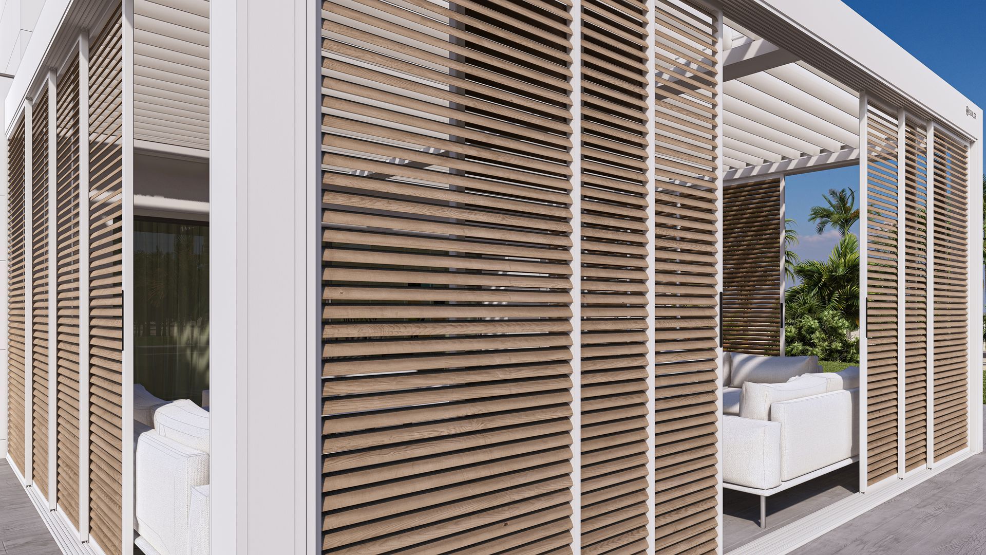 A rendering of a house with a pergola and a couch - Freehold, NJ - Awning Design Inc